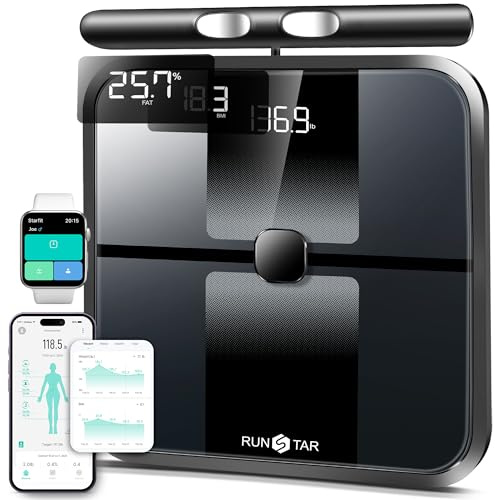 RunStar Körperfettwaage, 8-Elektroden-Ganzkörperanalyse mit 28 Körperwerten, App-Synchronisierung, BMI, Muskelmasse – Hochpräzise Digitale Waage mit 3-Stufigem Display