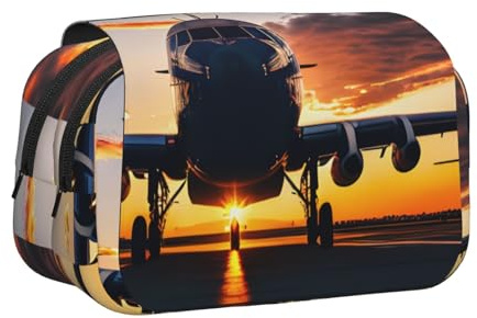 ABYchdd Aircraft Plane At Sunset Print Double Clamshell Pen Case, Oxford Cloth Pouch With Zipper Pockets, Ideal Present