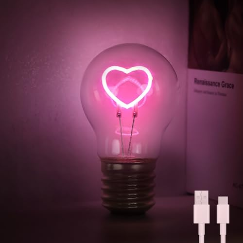 Fieldspark Heart Shaped E40 Rechargeable Light Bulbs, LED Neon Table Cordless Light, Edison Art Battery Operated Lamp for Gifts, Home Decor, Valentines Day, Galentines Day, 1 Pack