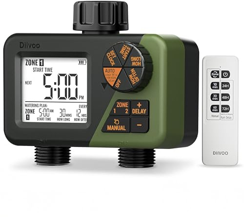 Diivoo RF Remote Controlled Water Timer 2 Zone, Programmable Water Hose Timers 2 Outlet with Large Display, Rain Delay & Manual Watering, Irrigation Sprinkler Timer for Garden, Lawn, Yard