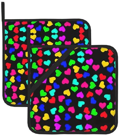 Set di 2 presine decorative da cucina, resistenti al calore, con stampa di cuori arcobaleno