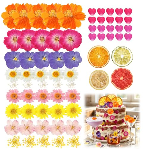 Celblisora 69 Stück Natürlich Getrocknete,Gepresste Essbare Blüten für Tortendekorationen und Cocktails,Inklusive Bunte Blumen,Herz Rosenblättern,Getrockneten Zitrusfruchtscheiben