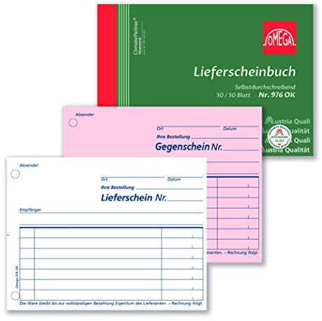 Omega Lieferscheinbuch 976 OK, Selbstdurchschreibendes DIN A6-Formularbuch, Querformat 2 x 50 perforierten Blättern in weiß/rosa I CO2-neutral produziert, Effiziente Lieferscheindokumentation