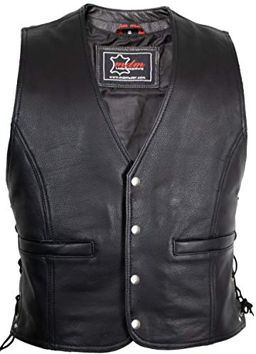 MDM Gilet in pelle uomo moto biker, Gilet moto uomo in vero cuoio bovino 1,2 mm, nero, con lacci laterali e tasche, Senza cucitura posteriore, ideale per patch