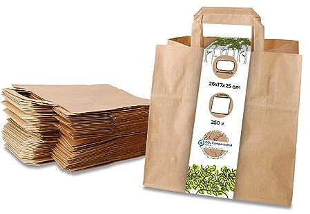BIOZOYG 250x Papiertragetaschen 26 x 17 x 25 cm - braune Papiertüten mit Henkel Einkaufstüten - Papiertaschen Geschenktüten Tragetaschen Recyclingpapier