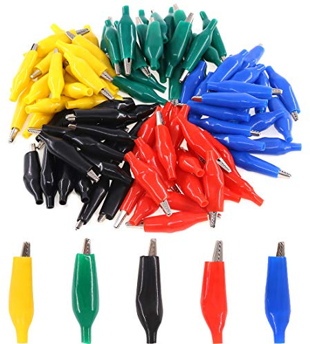 Glarks Lot de 100 pinces crocodiles argentées de 45 mm pour test électrique avec couvercle isolant de protection noir/rouge/jaune/bleu/vert pour tests en laboratoire