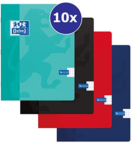 Oxford Schulheft 10er Pack 4 Farben 165x210mm kariert 5mm 72 Seiten 90g Flexibler Kartondeckel