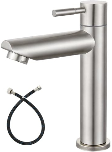 Heyalan Cold Water Only Bathroom Sink Faucet Stainless Steel SUS304 Brushed Nickel Single Handle One Hole Deck Mount Lavatory Faucet (Drain Not Included)