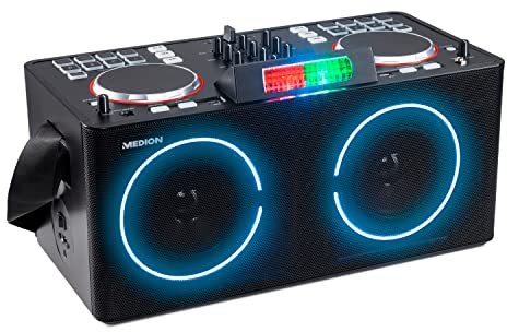 MEDION X61420 Party-Soundsystem mit DJ-Controller (Partylautsprecher, Akku, Farbige LED, 8 multifunktionelle Performance Pads pro Deck, Bluetooth, 2 x 20 W RMS)