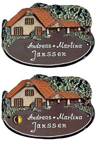 Haus mit Carport-Keramikschild-Türschild-Klingelschild-Namensschild-230 x 165 mm-Schild-Relief von Hand gefertigt-Incl. Beschriftung-Mit, oder ohne Klingel (6918 mit Text mit Klingel)