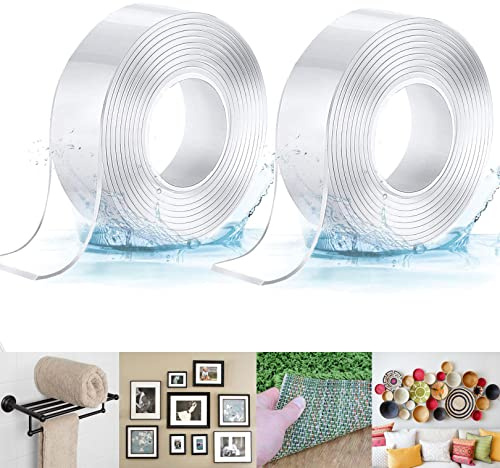 LOMYLM 2pcs Double Sided Nano Tapes Heavy Duty Self Adhesive Sticky Tapes Pads - No Nails Glue Strips for Picture Hanging/Carpet/Crafts (1mmx20mmx3m/roll, 6m in total)