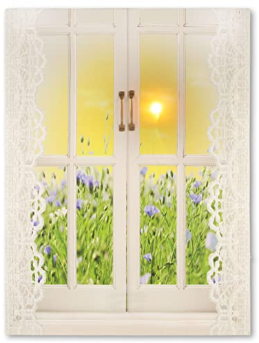 Nexos Trading LED Wandbild Leinwandbild mit Beleuchtung Fotodruck Fenster 30 x 40 cm 1 LED warm weiß Kunstdruck Leuchtbild Garten Vintage-Stil flackernde Sonne Landhaus