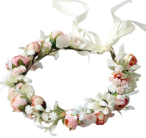 NZXVSE Handgemachte verstellbare Blumenkranz Stirnband, Hochzeit Haarkranz Blume Kopfschmuck für Frauen Mädchen Braut Weiß Rose Braut Krone Boho Stil