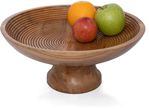 Folkulture Fruit Bowl or Fruit Basket for Table Décor, Decorative Bowl or Wooden Fruit Bowl for Groceries, 30cm Fruit Bowls for Kitchen, Mango Wood (Natural Ribbed)