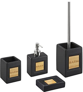 Badezimmer Set schwarz/Heller Holzfarbton 4-teilig Dolomit mit Aufschrift Kourou