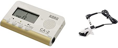 KORG CA-2 Chromatic Digital Tuner for Stringed, Woodwind and Brass Instruments - White & CM-300-WHBK Improved Design Contact Microphone for Clip-Type Tuners - White/Black
