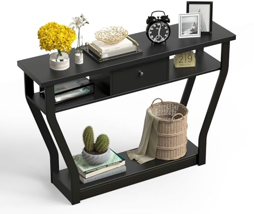 LIFEZEAL Konsolentisch, Flurtisch schmal, Eingangstisch mit Schublade und Ablagefläche, Eleganter Holzbeistelltisch für Eingang Flur Wohnzimmer, 120 x 30 x 81 cm (Schwarz)