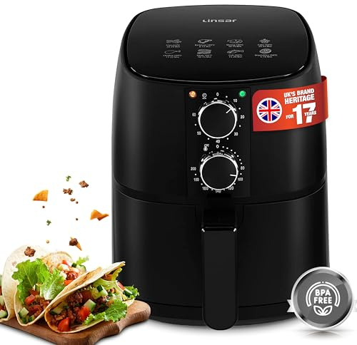 Linsar - Black Airfryer - 4L - 80-200°C Temperature Control - 60 Min. Timer, Cooking Recipies, Keep Warm, Oil Free - Small Air Fryer for 2-1400 Watt