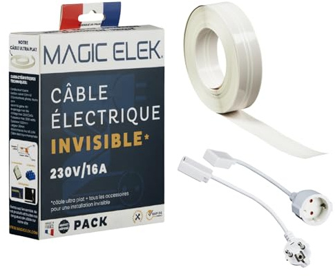 MAGIC ELEK - Câble électrique invisible ultra plat 2M 230V/16A – 3 LIGNES - disparaît sous peinture, papier peint, carrelage… Fini les goulottes passe câble…