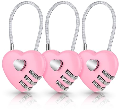 Andibro 3 lucchetti a combinazione a forma di cuore, colore rosa, grazioso lucchetto a forma di cuore, in filo di acciaio, impermeabile, per borse da viaggio e zaini (codice originale: 0-0-0)