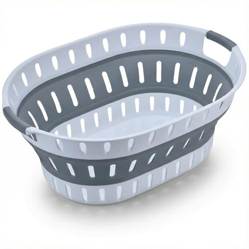 König Design Faltbarer Wäschekorb 36L – oval, platzsparend von 23 cm auf 8 cm, mit Griffen, Grau/Weiß