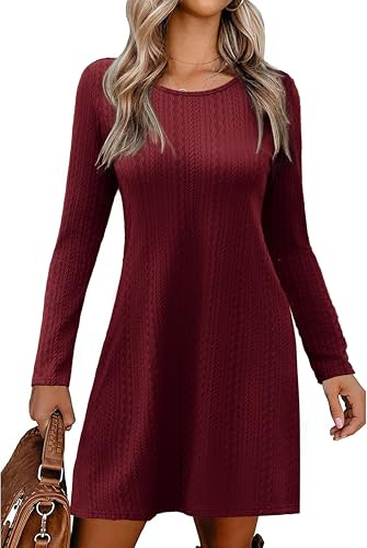 Zeagoo Långa damklänningar, eleganta damklänningar, vår, höst, rund hals, lätt knälång tröjklänning, vardaglig, enfärgad, vardaglig, miniklänning, casual klänning, Bordeaux, S