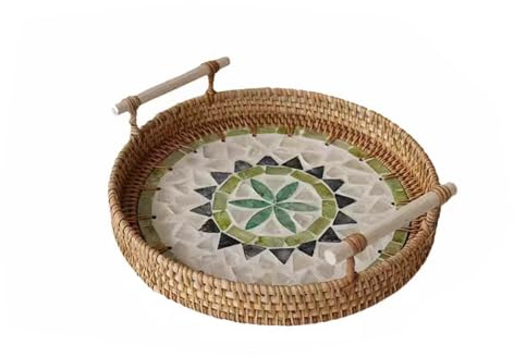 SLHEQING Rattan Serviertablett mit Griffen, Handgewebtes Küchentablett Deko Tablett Rund Aufbewahrungsplatten für Frühstück, Getränke, Snacks, Desserts, Brot, Kerze, Früchten