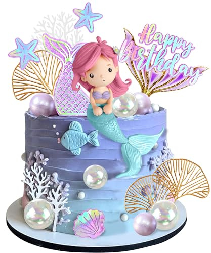 Mermaid Cake Toppers with Shell Starfish Fishtail Balls for Mermaid Birthday Supplies (Style1)
