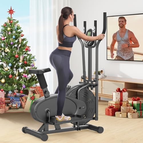 Vélo elliptique, 2 en 1 Crosstrainer & Vélo d'exercice avec Siège, Moniteur LCD, Résistance Réglable, Pédale Antidérapante, Stepper Elliptique Machine D'entraînement de Fitness à Domicile (Noir)