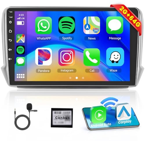 【2+64G】 Hodozzy Carplay Android Auto Radio Coche para Peugeot 208/2008 2012-2018,10 Pulgada Touchscreen Autorradio Bluetooth con/Mirror Link WiFi/GPS/RDS/FM/USB