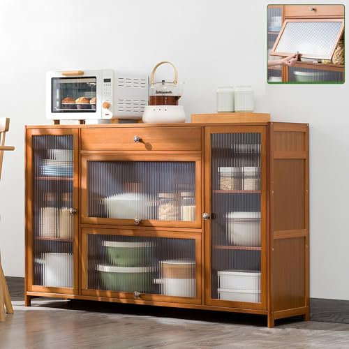 CWCQGH Küchenschrank aus Bambus mit Acryltüren, Schubladen und Regalen, Braun,One Color 135 * 32 * 84cm