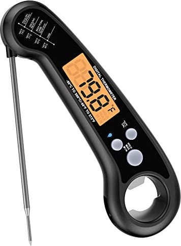 Thermomètre à viande à lecture instantanée pour grillades et cuisson Thermomètre alimentaire numérique précis avec sonde bi-pli rétro-éclairée pour la cuisine, la friture, le steak (Black)