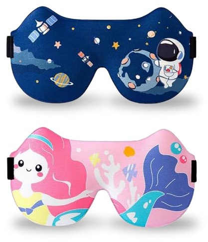 Schlafmaske Kinder, Schlafmasken, 2 Stück 3D Schlafbrille Kinder | Weiche Schlafmaske mit Verstellbares Kopfband für Jungen und Mädchen für Reisen, Nickerchen, Camping