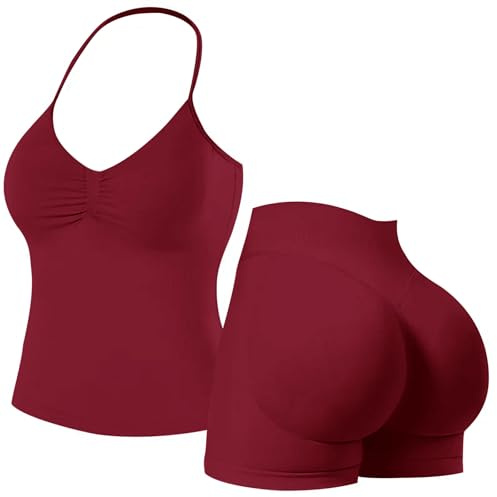 Set da palestra senza cuciture per le donne 2 pezzi con spalline lunghe top reggiseni sportivi nascosti pantaloncini scrunch abiti da yoga tuta Activewear, Rosso bordeaux., M