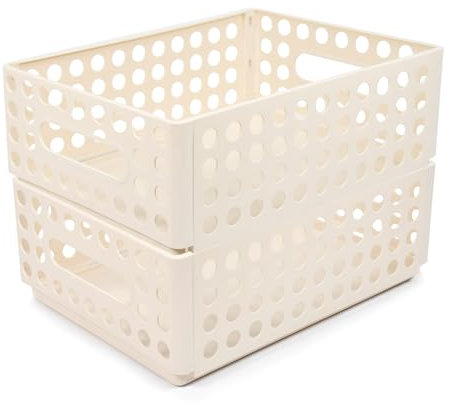 Marte Vanci Plastic Storage Baskets, Collapsible Crate with Handles, Stackable Organising Bins for Shelves, Desk, Cupboard, Handy Organiser Bin for Kitchen Pantry Bathroom Bedroom Cream 2 Pack