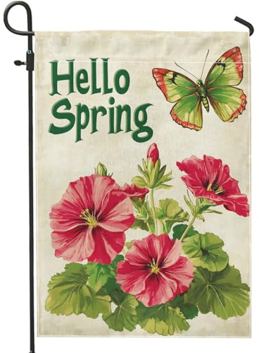 Bandera de jardín floral Hello Spring, geranios de melocotón y mariposa, decoración del hogar, banderas de patio, arpillera de doble cara, decoración de césped al aire libre, 12 x 18 pulgadas