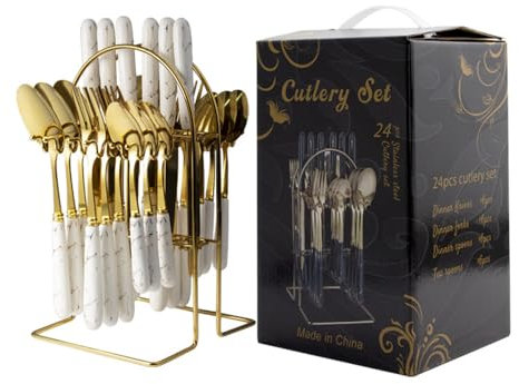 Jackanna Couteau, fourchette et cuillère en acier inoxydable Couteau à steak marbré Hôtel Restaurant Cuillère et fourchette Manche en céramique 24 Coffret cadeau (platine)