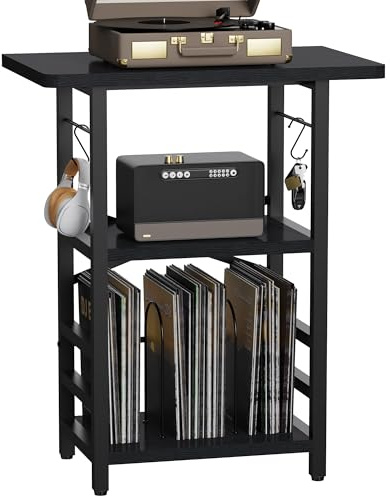 YAKANJ Record Player Stand with Extended Desktop,Large Record Player Table with Vinyl Storage,Turntable Stand with Record Holder Vinyls Display Shelf for Music Room Studio,Modern Black