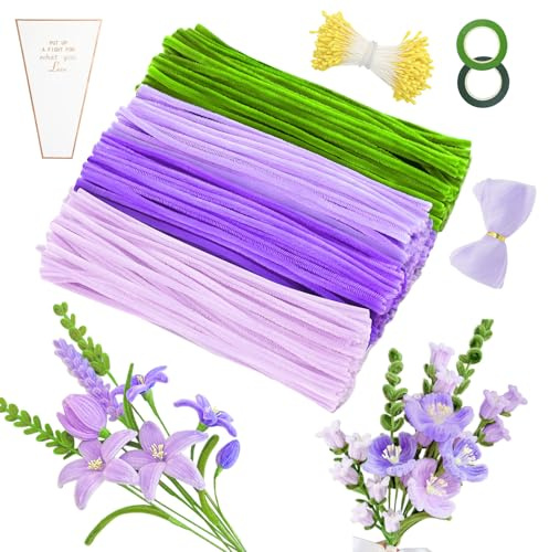 MOTONG 400 Stück Pfeifenreiniger zum Basteln-4 Farben Pfeifenputzer Rosa Lila zum Chenilledraht, 360 Stück Staubgefäße 20 Stück Blumendraht zum Basteln mit Geschenkband Pfeifenputzer Blumen Set