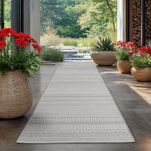 HomebyHome Outdoor Teppich Grau 80x250 cm Läufer Wetterfest UV-beständig Pflegeleicht Skandinavisches Boho Design für Küche Balkon Terrasse Wohnzimmer