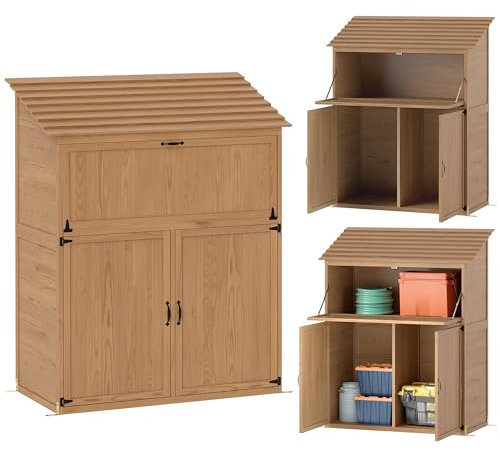 Outsunny Armoire de jardin en bois - Avec toit à marches - Étagère pliable - Table double porte - 110 x 54 x 136 cm - Résistant aux intempéries - Abri de jardin pour jardin, terrasse, bois naturel