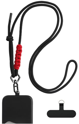 AHABIPERS Cordon Telephone Portable, Cordon Téléphone Portable Universelle, Tour de Cou Telephone Réglable et Détachable Patchs de Sangle de téléphone pour Smartphones - Noir & Rouge