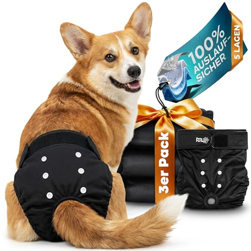 PETS PERFECT HUNDEWINDELN FÜR HÜNDINNEN – Waschbare Läufigkeitshose Hündinnen mit 5-lagigem Auslaufschutz – Verstellbare Hundewindel mit Klettverschluss, auch für Rüden geeignet – 3er Pack