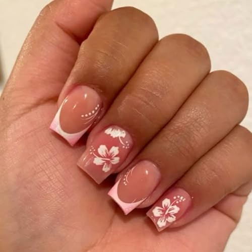 Viugex 24 Stück Nägel Zum Aufkleben Kurz Eckig, Rosa Falsche Nägel Blumen Glänzende Press on Nails, Full Cover Acryl Fingernägel zum Aufkleben Wiederverwendbar Elegant Kunstnägel Fake Nails für Frauen