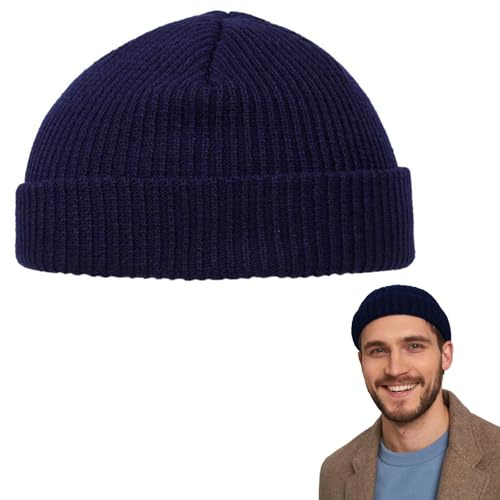 Comioke Bonnet de Trawler, Watch Cap, Beanie Hat, Fisherman Beanie, Bonnet de Pêcheur, Chapeau de Crâne à Revers, Unisexe d’Hiver de Pêcheur - Bleu Marine