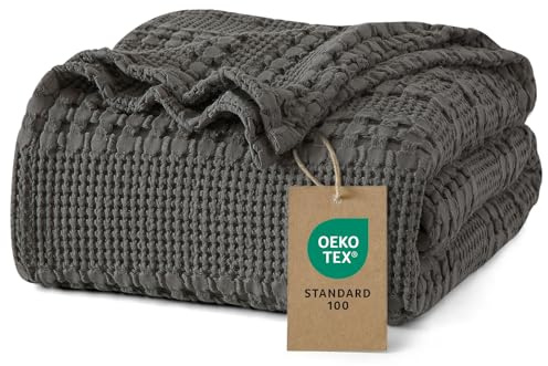 PHF 100% Baumwolle Waffledecke Kuscheldecke 220x240cm, Oeko-TEX® Zertifiziert - Hotelwäschequalität - Ideal für Sofa Couch Bett, leicht & atmungsaktiv, Anthrazitgrau (Charcoal Grey)