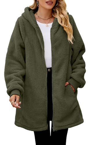 Ladies Long Fleece Jackets Full Zip with Hooded, Warm Teddy Fleece Longline Hoodie with Pockets, Ladies Soft Plush Long Coat for Winter, Outdoor thermal Jackets for Women UK, Cosy Zip Up Teddy Hoodie