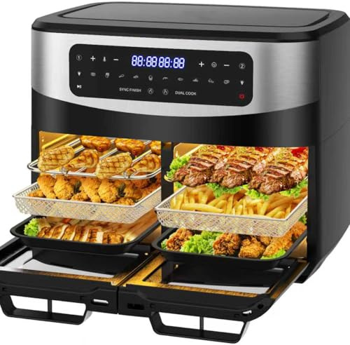 Dewelling Heißluftfritteuse Dual Zone 12L - XXL Airfryer mit herausnehmbarem Trenner, 2600W Heissluftfritteuse Doppelkammer mit Doppelfenster, 10 Funktionen, Rezepte