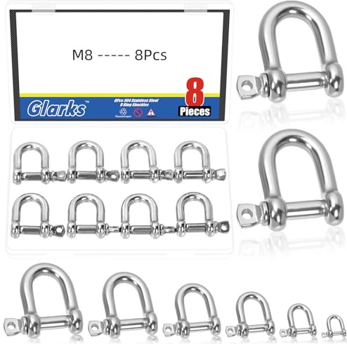 Glarks 8pcs M8 Stainless Steel D Shape Shackle, D-Shape Anchor Shackle, Heavy Duty D Shape Shackle for Ships, households, Cargo handling, and Land Transportation