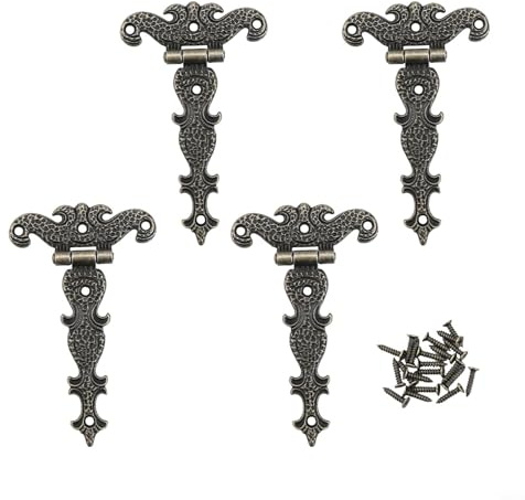 Vier antike T-Scharniere aus Zinklegierung für Schränke, Schmuckschatullen und Holzkisten, robuste Scharniere mit dekorativer Gravur für klassische Heimdekoration (Bronze)